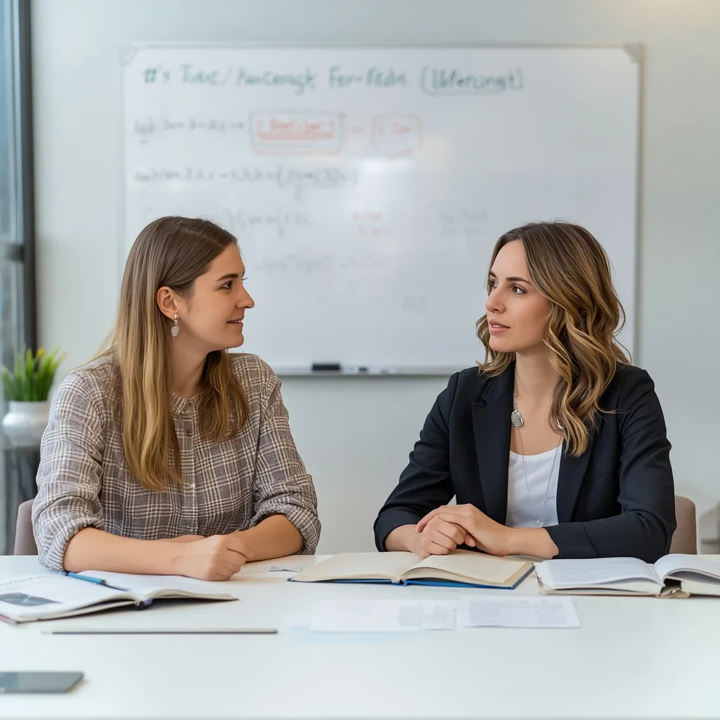 Tutorin erklärt einer Studentin einen Lösungsweg