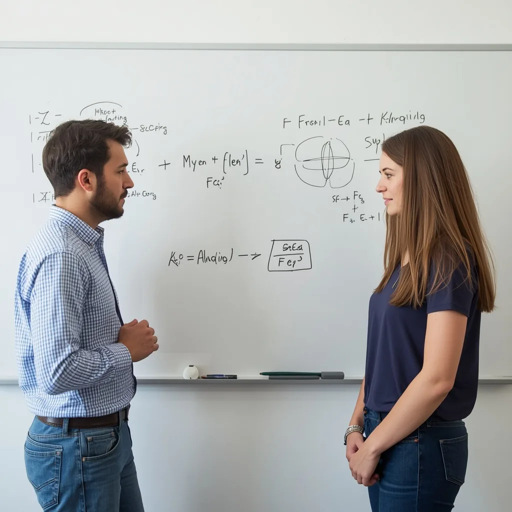 Tutor und Studentin besprechen eine Aufgabe an der Tafel
